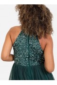 La Qayara Emerald Green Sequin Embellished Georgette Halter-Neck Midi Dress with Soft Net Skirt