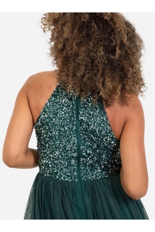 La Qayara Emerald Green Sequin Embellished Georgette Halter-Neck Midi Dress with Soft Net Skirt
