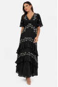 La Qayara Black Embellished Short Sleeve Ruffled Maxi Dress