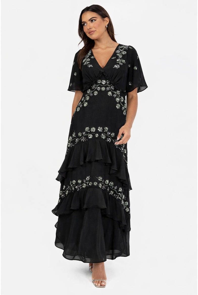 La Qayara Black Embellished Short Sleeve Ruffled Maxi Dress