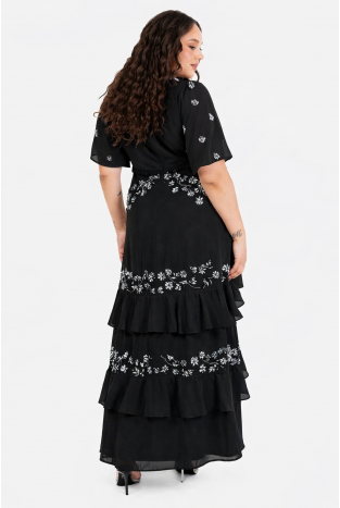 La Qayara Black Embellished Short Sleeve Ruffled Maxi Dress