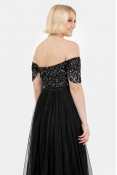 La Qayara Black Embellished Off-Shoulder Party Gown with Sequin Work & Thigh-High Slit