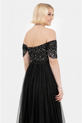 La Qayara Black Embellished Off-Shoulder Party Gown with Sequin Work & Thigh-High Slit