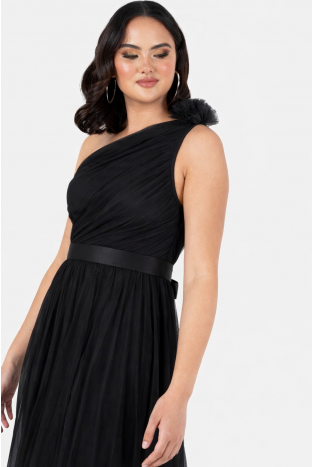 La Qayara Black One-Shoulder Georgette Maxi Dress with Soft Net Overlay