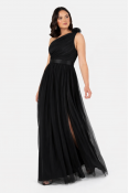 La Qayara Black One-Shoulder Georgette Maxi Dress with Soft Net Overlay