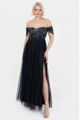 La Qayara Black Embellished Off-Shoulder Party Gown with Sequin Work & Thigh-High Slit