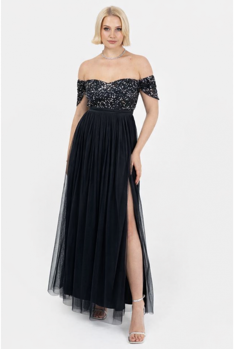 La Qayara Black Embellished Off-Shoulder Party Gown with Sequin Work & Thigh-High Slit