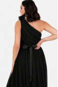 La Qayara Black One-Shoulder Georgette Maxi Dress with Soft Net Overlay