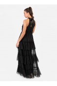 La Qayara Black Halter Neck Tiered Maxi Dress with Sequin Dot Embellishment