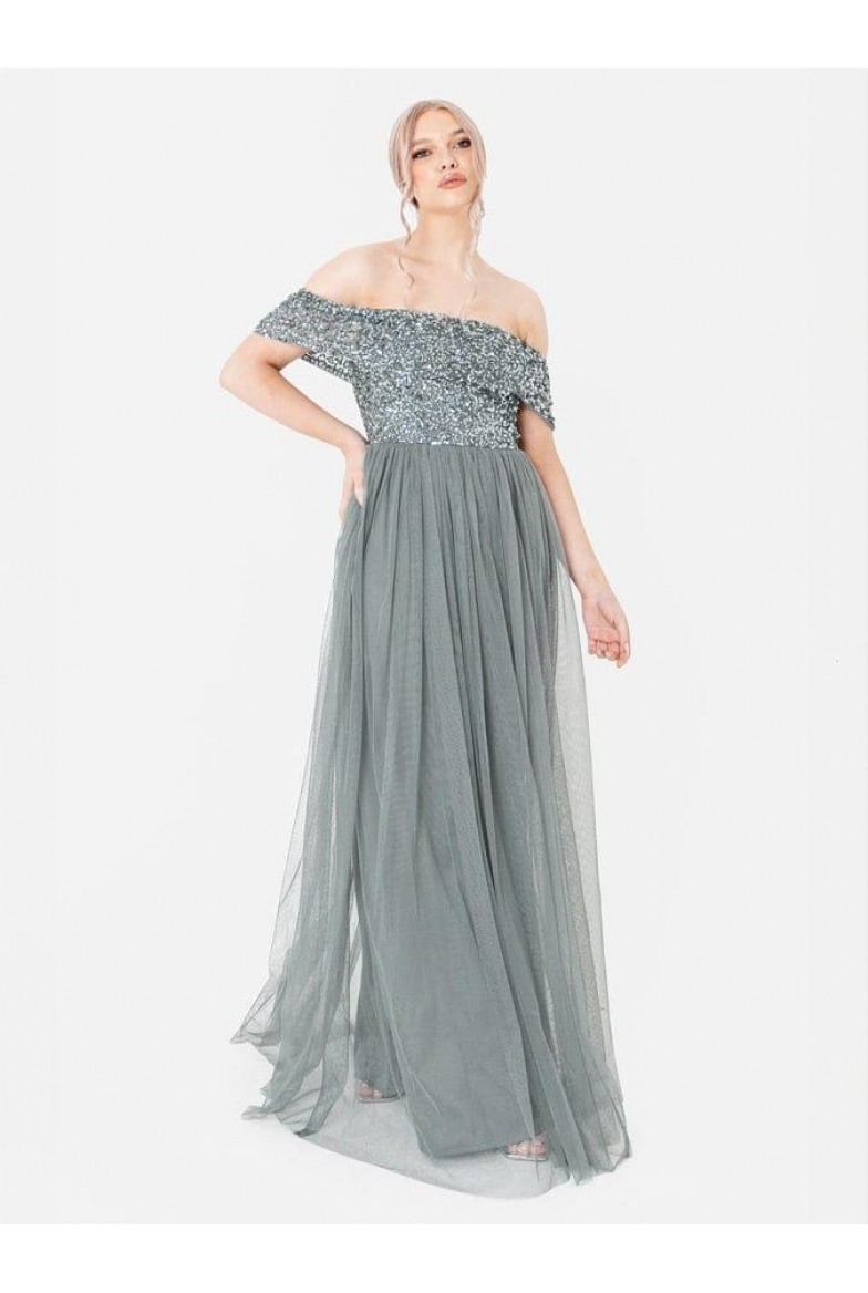 La Qayara Off-Shoulder Sequin Embellished Georgette & Soft Net Maxi Dress