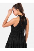 La Qayara Black Halter Neck Tiered Maxi Dress with Sequin Dot Embellishment