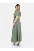 LA QAYARA Dark Sage Green Embellished Georgette Maxi Gown with Flare Sleeves