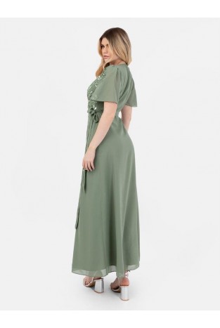 LA QAYARA Dark Sage Green Embellished Georgette Maxi Gown with Flare Sleeves