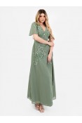 LA QAYARA Dark Sage Green Embellished Georgette Maxi Gown with Flare Sleeves