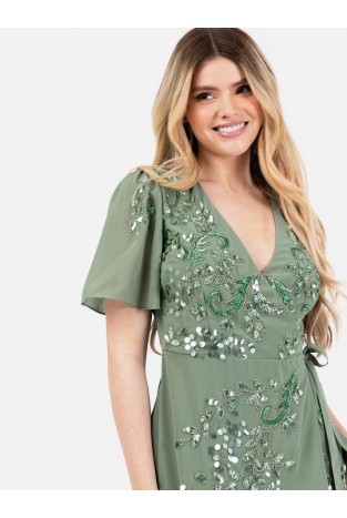LA QAYARA Dark Sage Green Embellished Georgette Maxi Gown with Flare Sleeves