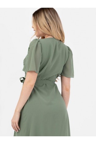 LA QAYARA Dark Sage Green Embellished Georgette Maxi Gown with Flare Sleeves