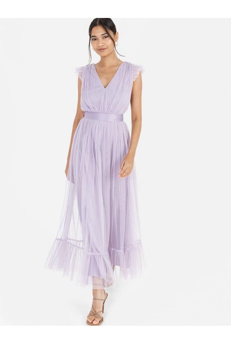 LA QAYARA Dusty Lilac V-Neck Tulle Gown with Tiered Ruffle Hem & Satin Belt