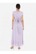 LA QAYARA Dusty Lilac V-Neck Tulle Gown with Tiered Ruffle Hem & Satin Belt