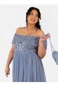 La Qayara Dusty Blue Off-Shoulder Sequin Embellished Georgette & Soft Net Maxi Dress