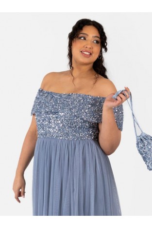 La Qayara Dusty Blue Off-Shoulder Sequin Embellished Georgette & Soft Net Maxi Dress