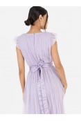 LA QAYARA Dusty Lilac V-Neck Tulle Gown with Tiered Ruffle Hem & Satin Belt