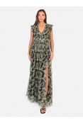 LA QAYARA Soft Green Floral Print Georgette Gown with Thigh-High Slit & Cut Sleeves