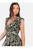 LA QAYARA Soft Green Floral Print Georgette Gown with Thigh-High Slit & Cut Sleeves