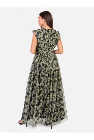 LA QAYARA Soft Green Floral Print Georgette Gown with Thigh-High Slit & Cut Sleeves