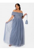 La Qayara Dusty Blue Off-Shoulder Sequin Embellished Georgette & Soft Net Maxi Dress