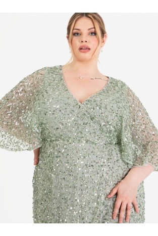 La Qayara Black Georgette & Soft Net Maxi Dress with Ruffled Flutter Sleeves and High Slit