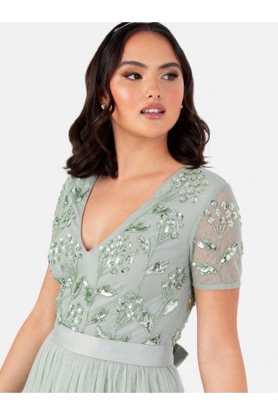 La Qayara Sage Green Sequin Embellished Georgette Maxi Dress with Tie-Up Back