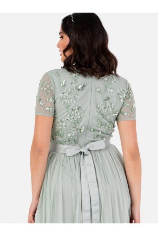 La Qayara Sage Green Sequin Embellished Georgette Maxi Dress with Tie-Up Back