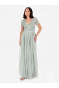 La Qayara Sage Green Sequin Embellished Georgette Maxi Dress with Tie-Up Back