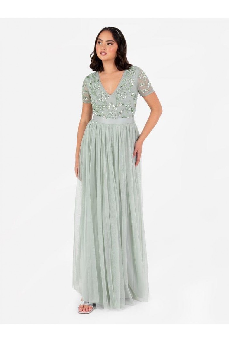 La Qayara Sage Green Sequin Embellished Georgette Maxi Dress with Tie-Up Back