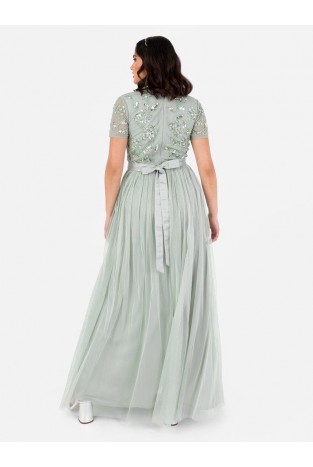 La Qayara Sage Green Sequin Embellished Georgette Maxi Dress with Tie-Up Back