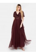 La Qayara Cranberry Red Sequin Georgette Maxi Dress with Flared Tulle Skirt