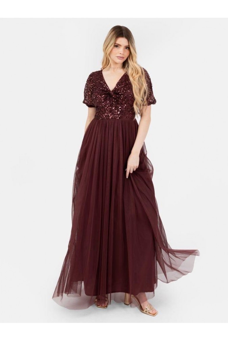La Qayara Cranberry Red Sequin Georgette Maxi Dress with Flared Tulle Skirt