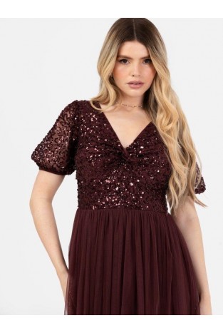 La Qayara Cranberry Red Sequin Georgette Maxi Dress with Flared Tulle Skirt