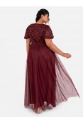 La Qayara Cranberry Red Sequin Georgette Maxi Dress with Flared Tulle Skirt