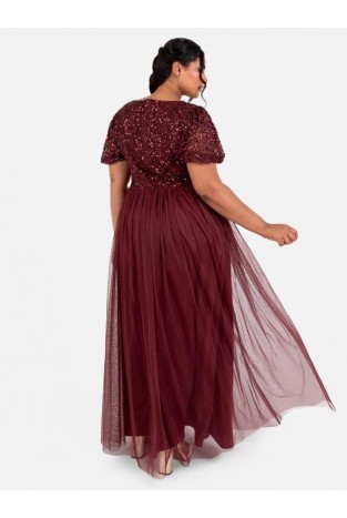 La Qayara Cranberry Red Sequin Georgette Maxi Dress with Flared Tulle Skirt
