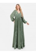 La Qayara Sage Green Georgette Maxi Dress with Floral Sequin & Bead Work and Bishop Sleeves