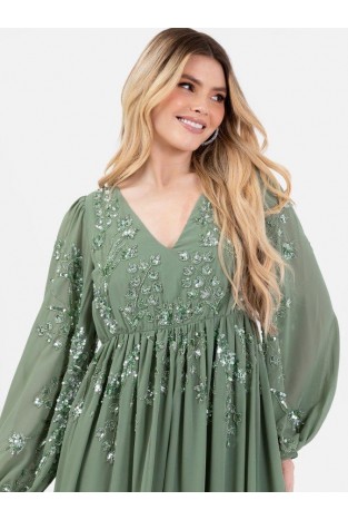 La Qayara Sage Green Georgette Maxi Dress with Floral Sequin & Bead Work and Bishop Sleeves
