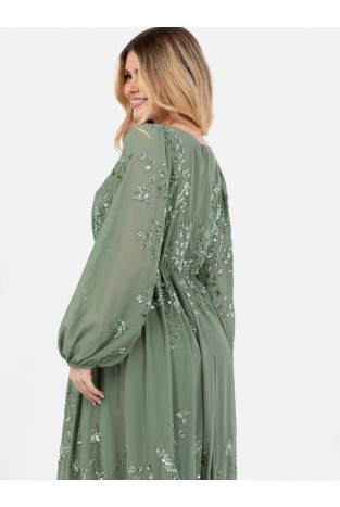 La Qayara Sage Green Georgette Maxi Dress with Floral Sequin & Bead Work and Bishop Sleeves