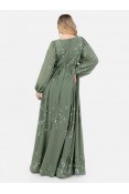 La Qayara Sage Green Georgette Maxi Dress with Floral Sequin & Bead Work and Bishop Sleeves