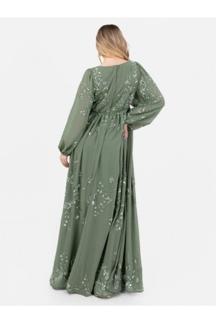 La Qayara Sage Green Georgette Maxi Dress with Floral Sequin & Bead Work and Bishop Sleeves