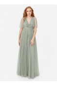 La Qayara Frosted Green Georgette Maxi Dress with Floral Sequin & Bead Work and Bishop Sleeves