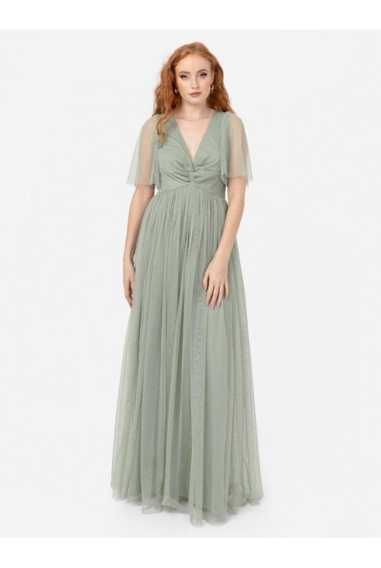 La Qayara Frosted Green Georgette Maxi Dress with Floral Sequin & Bead Work and Bishop Sleeves