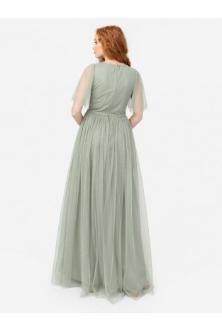 La Qayara Frosted Green Georgette Maxi Dress with Floral Sequin & Bead Work and Bishop Sleeves