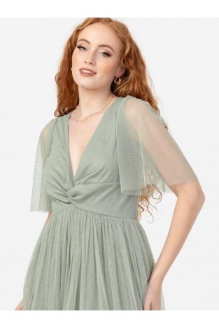 La Qayara Frosted Green Georgette Maxi Dress with Floral Sequin & Bead Work and Bishop Sleeves