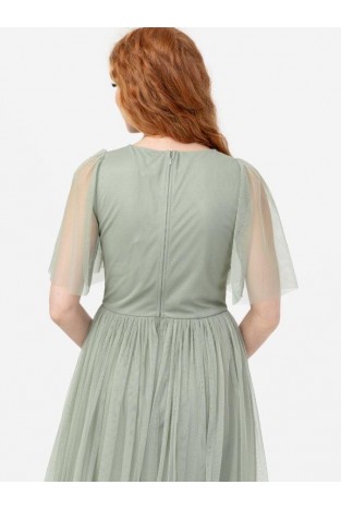 La Qayara Frosted Green Georgette Maxi Dress with Floral Sequin & Bead Work and Bishop Sleeves